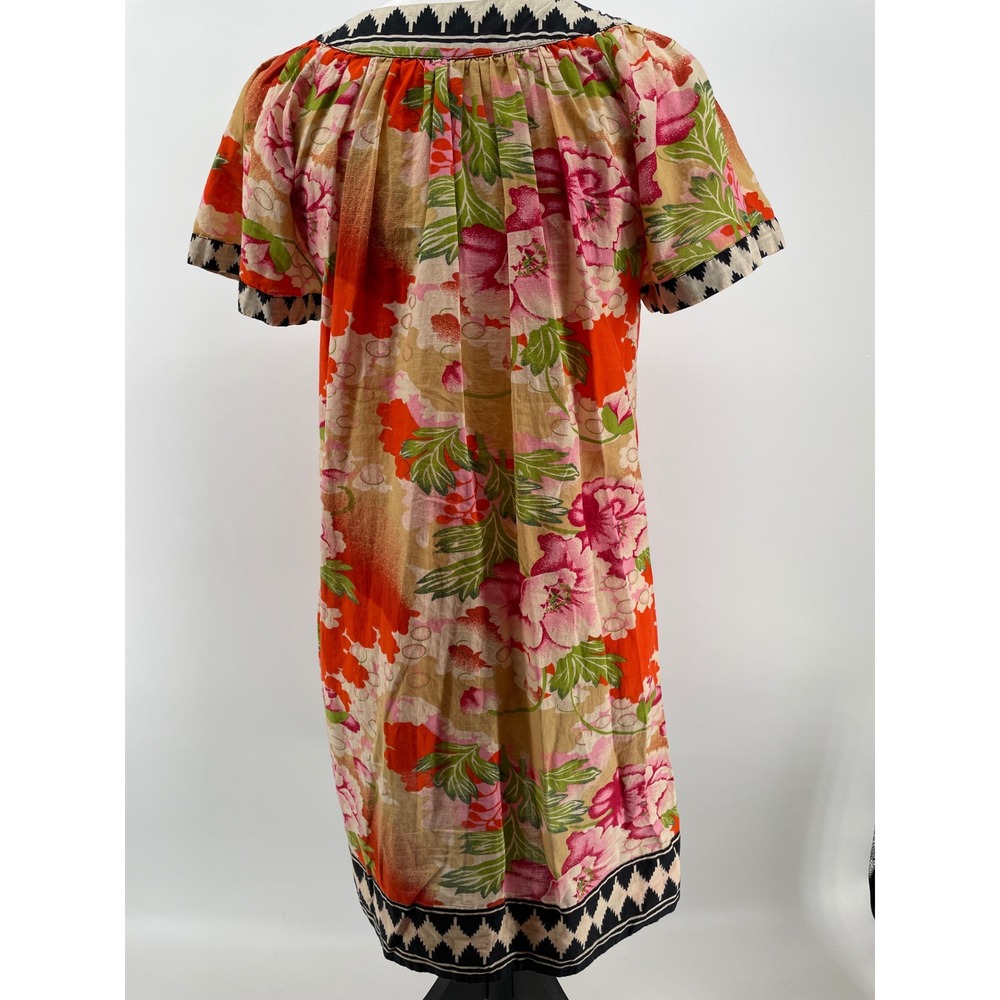 Pixie‎ Floral Dress Womens Medium Orange Pink Beaded Cotton Boho Artsy Tropical - Picture 2 of 9